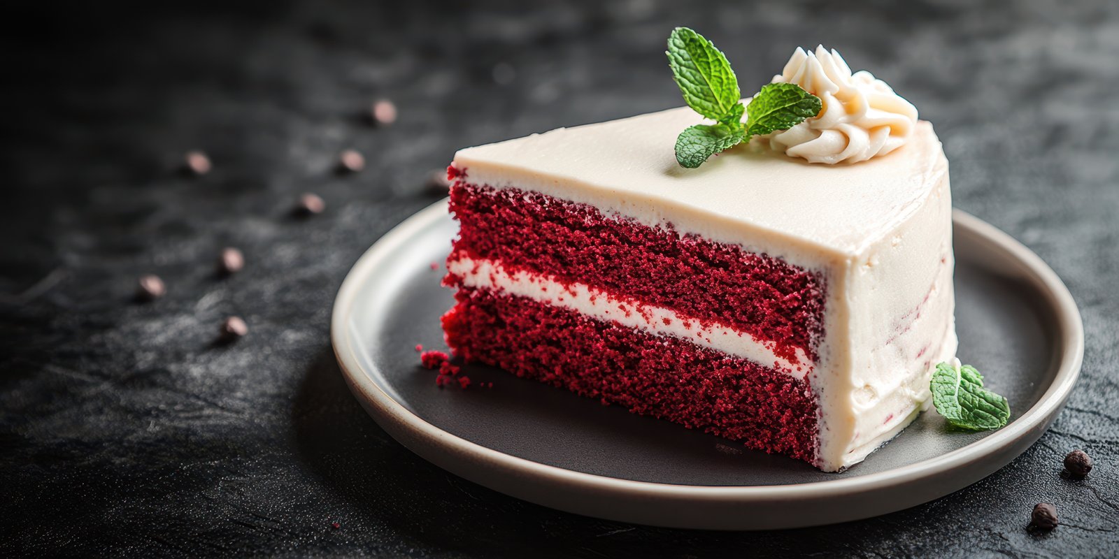 Delicious red velvet cake slice with cream frosting and mint garnish served on a dark plate